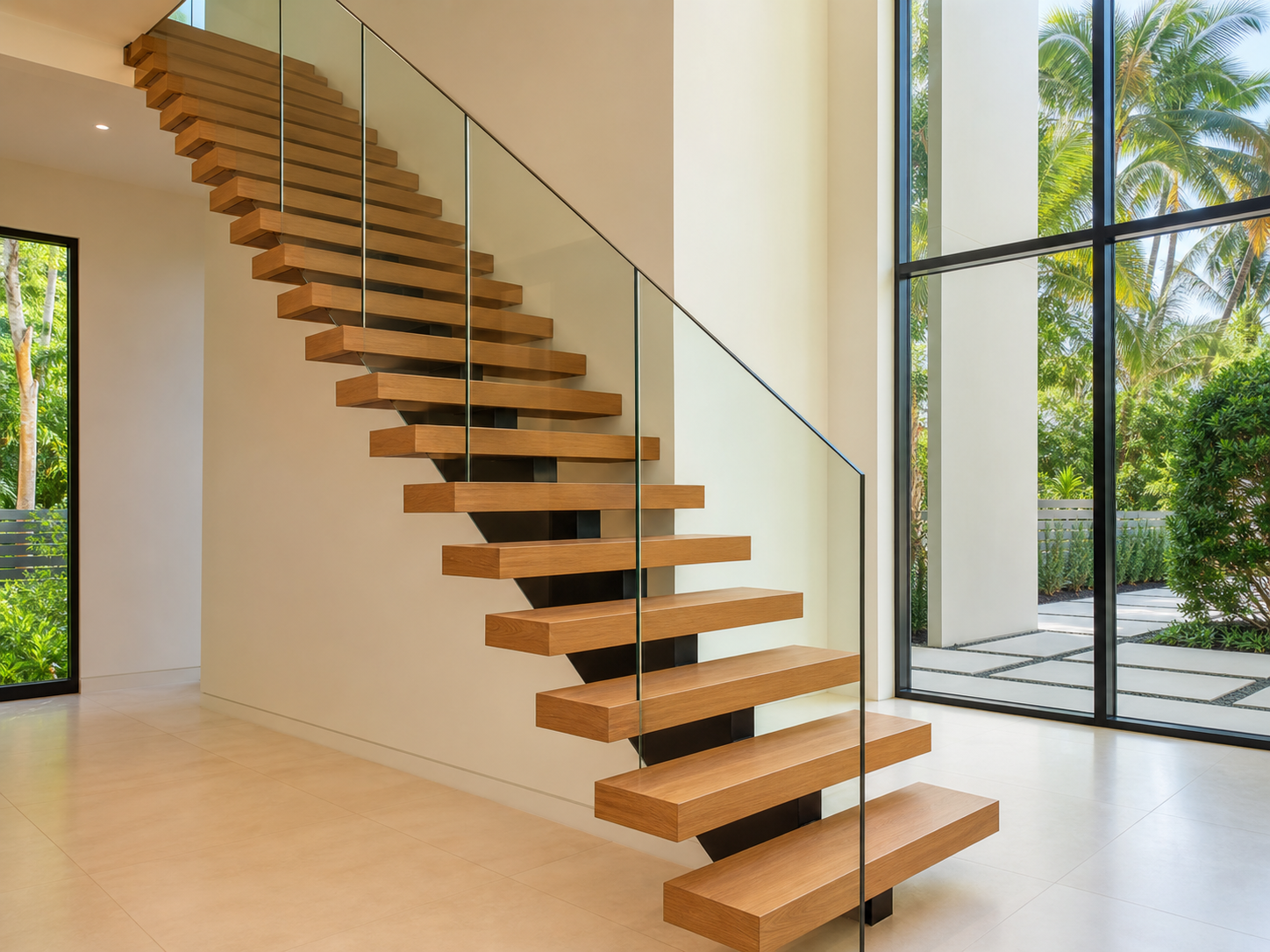 Custom wood and steel staircase in Miami home