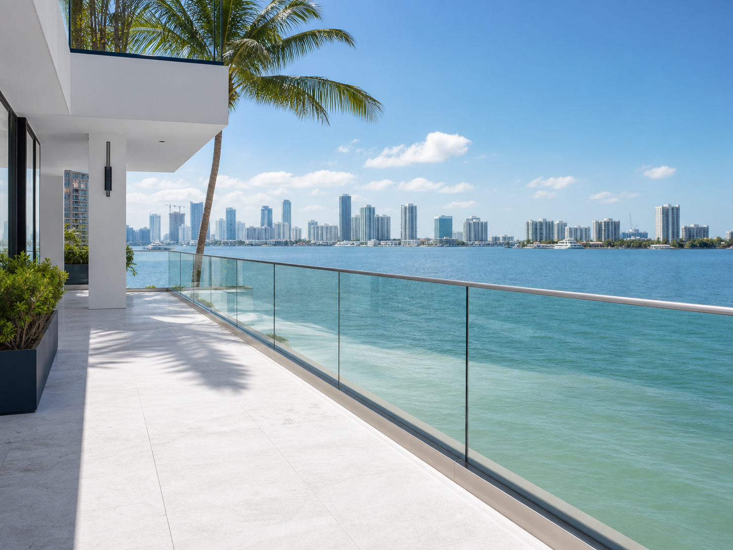 Frameless glass railing overlooking Miami waterfront