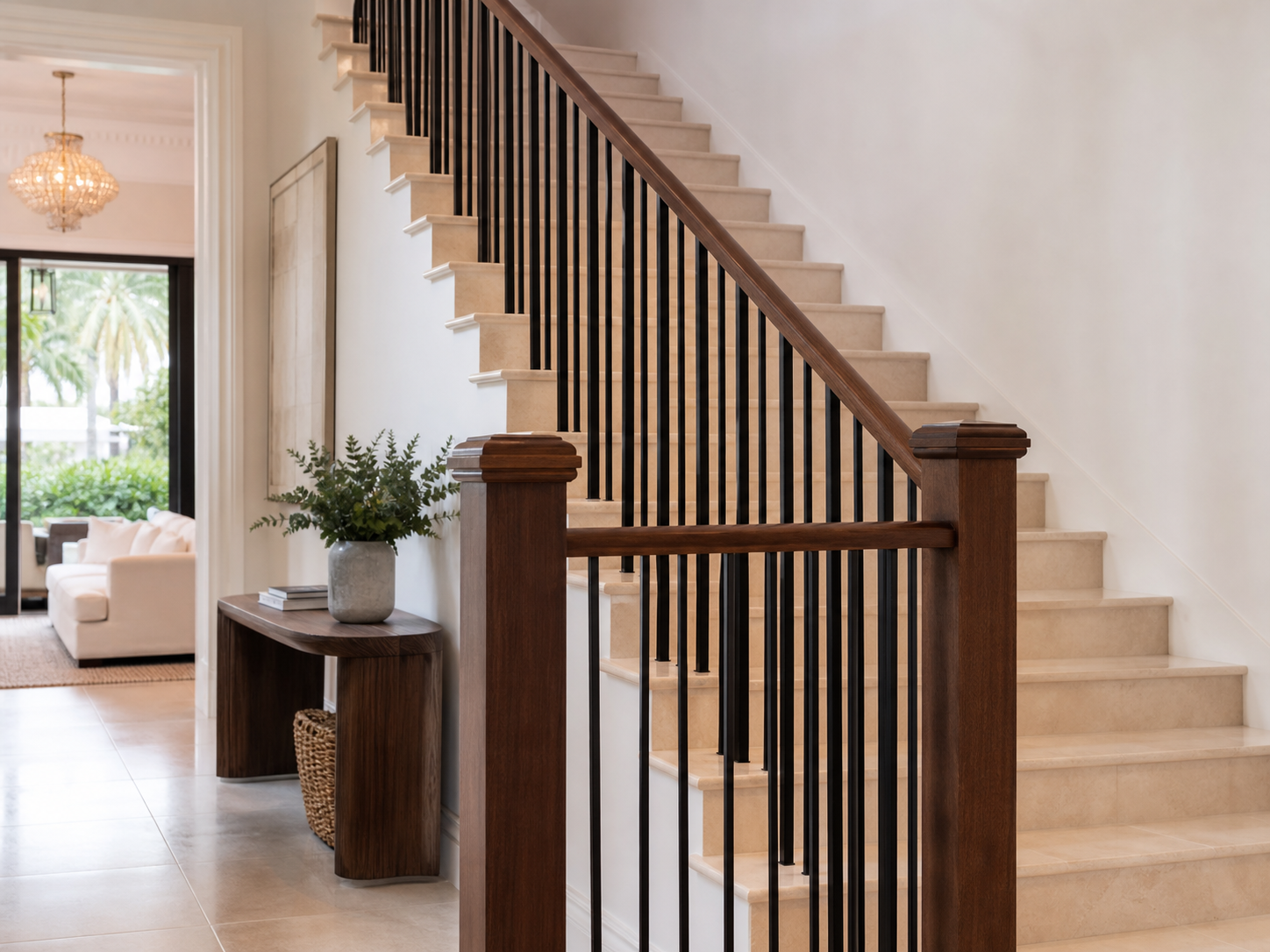 Iron and wood railing on interior staircase