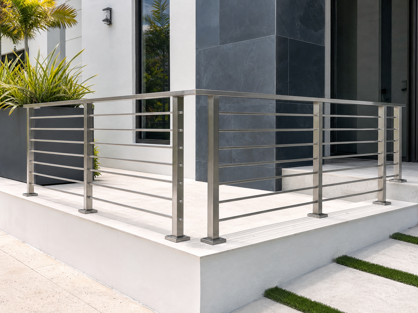 Stainless steel bar railing on modern balcony