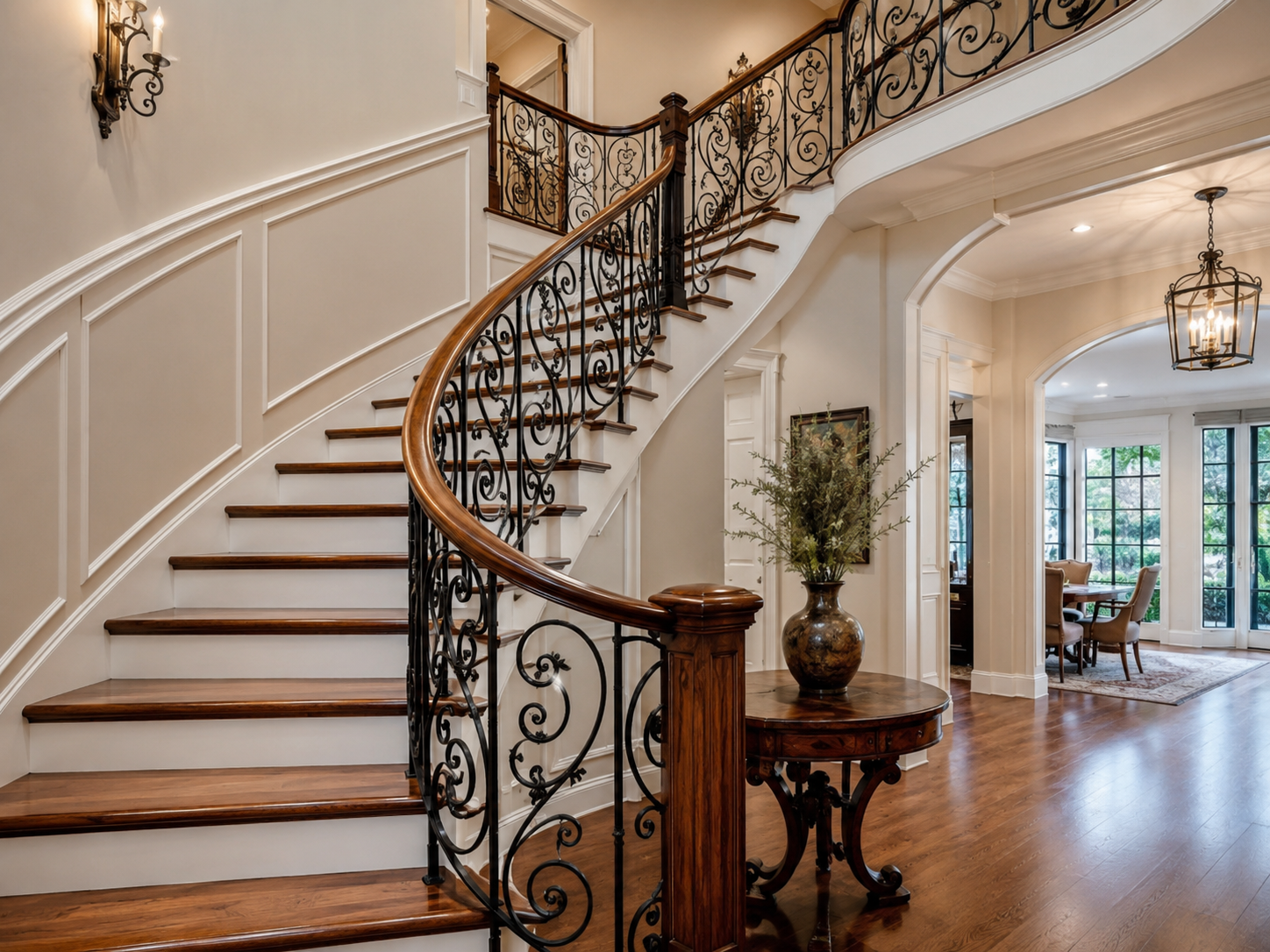 Straight staircase with iron balusters and wood handrail