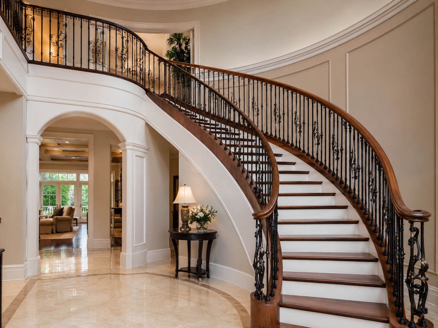 Curved staircase with iron railing and wood handrail