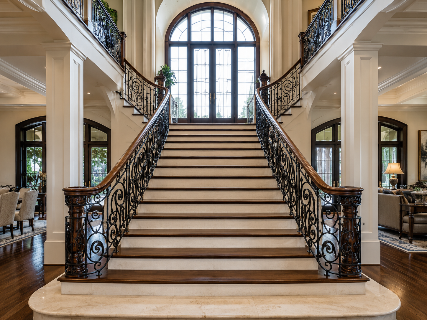 Foyer with double staircases in iron and wood railing