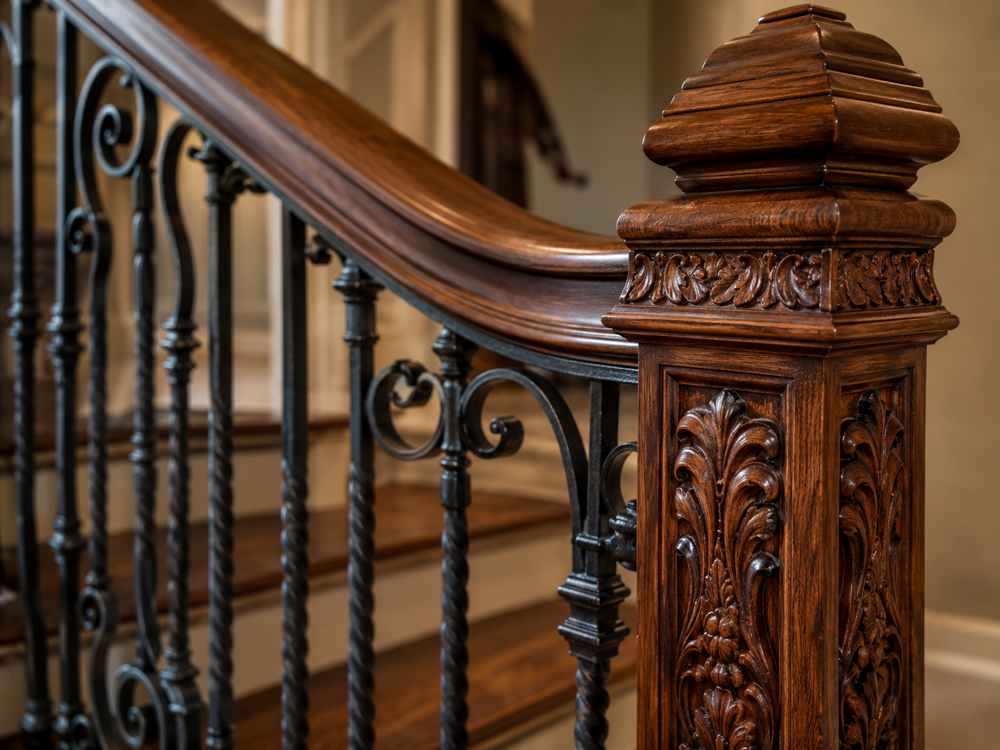 Close up of wood newel post with iron baluster detail