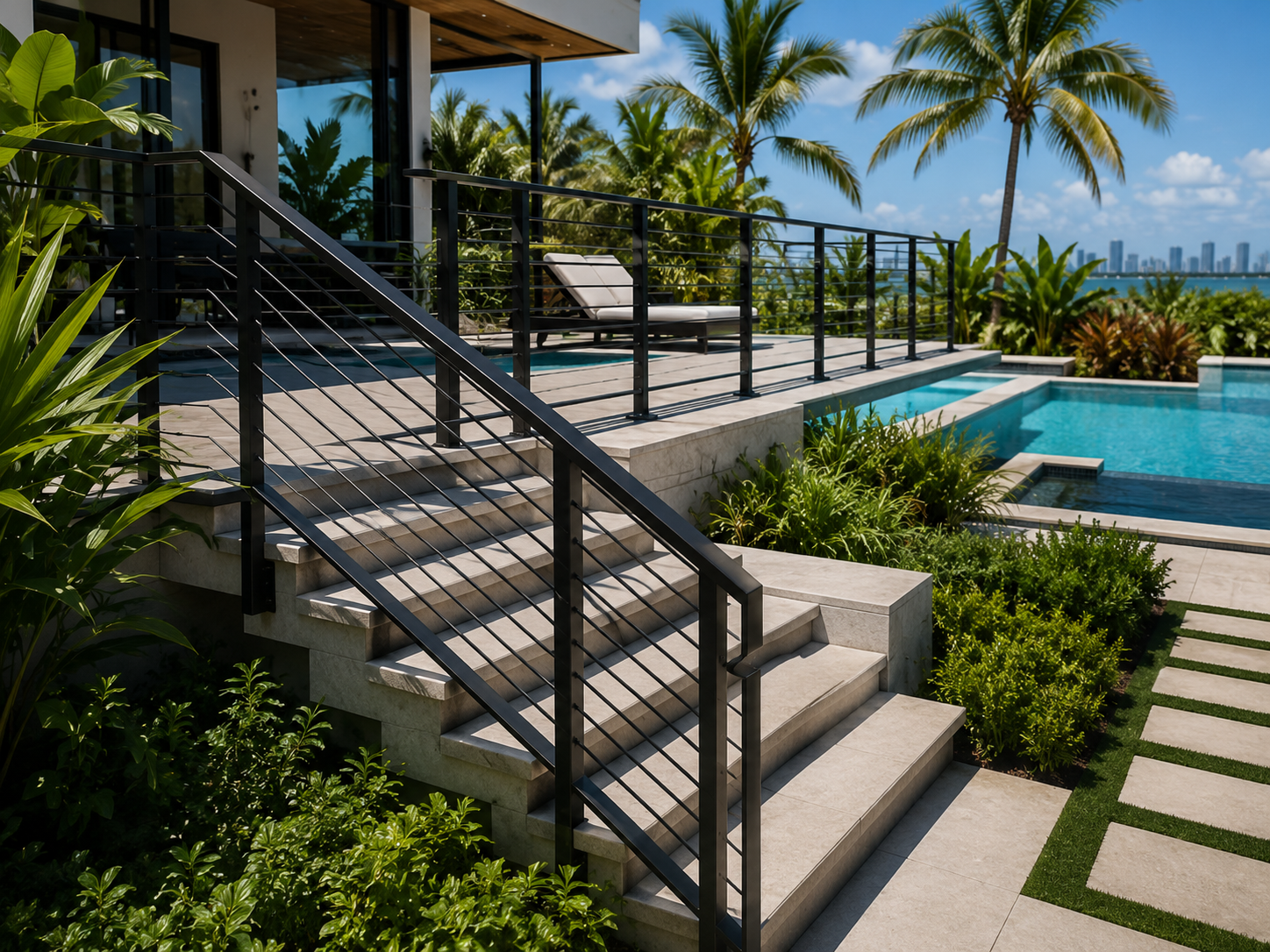 Aluminum railing around pool deck with palm trees
