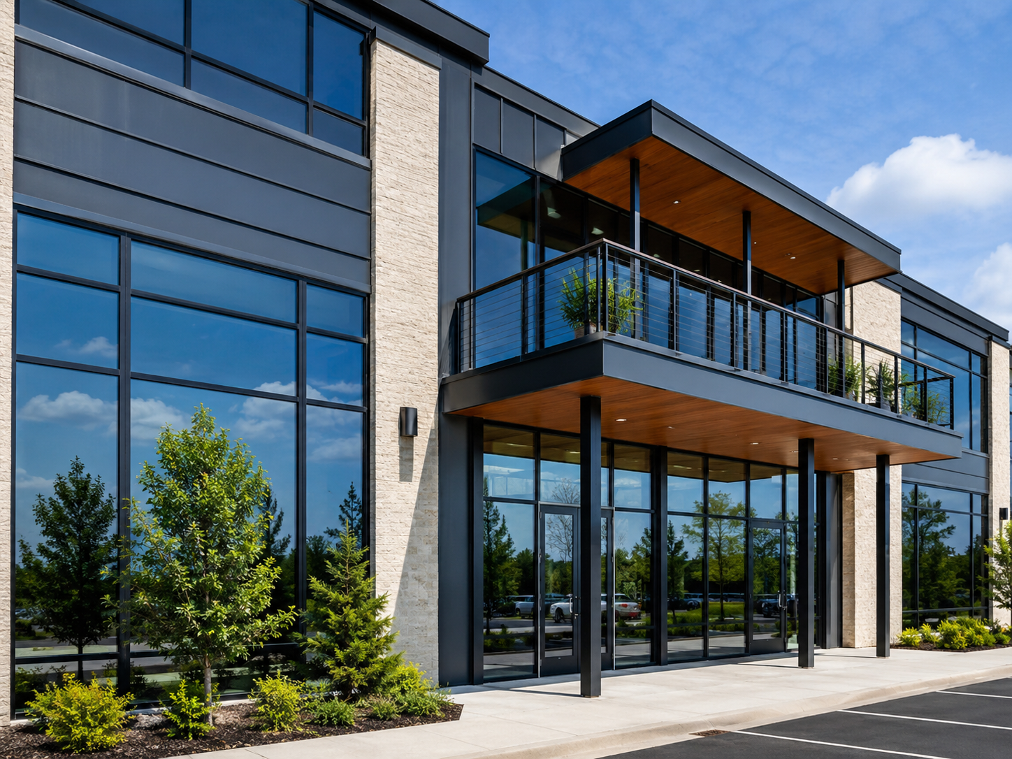 Front entry stairs with aluminum railing and modern door