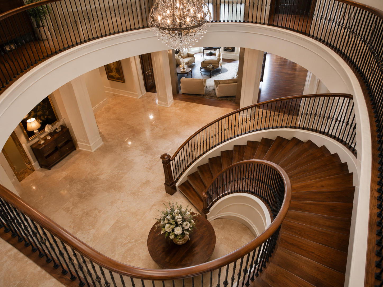 White curved staircase with iron railing