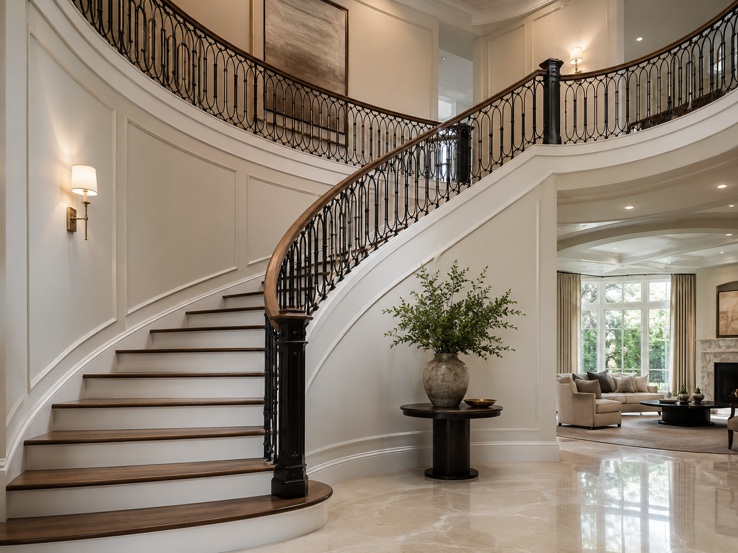 Overhead view of round curved staircase with railing