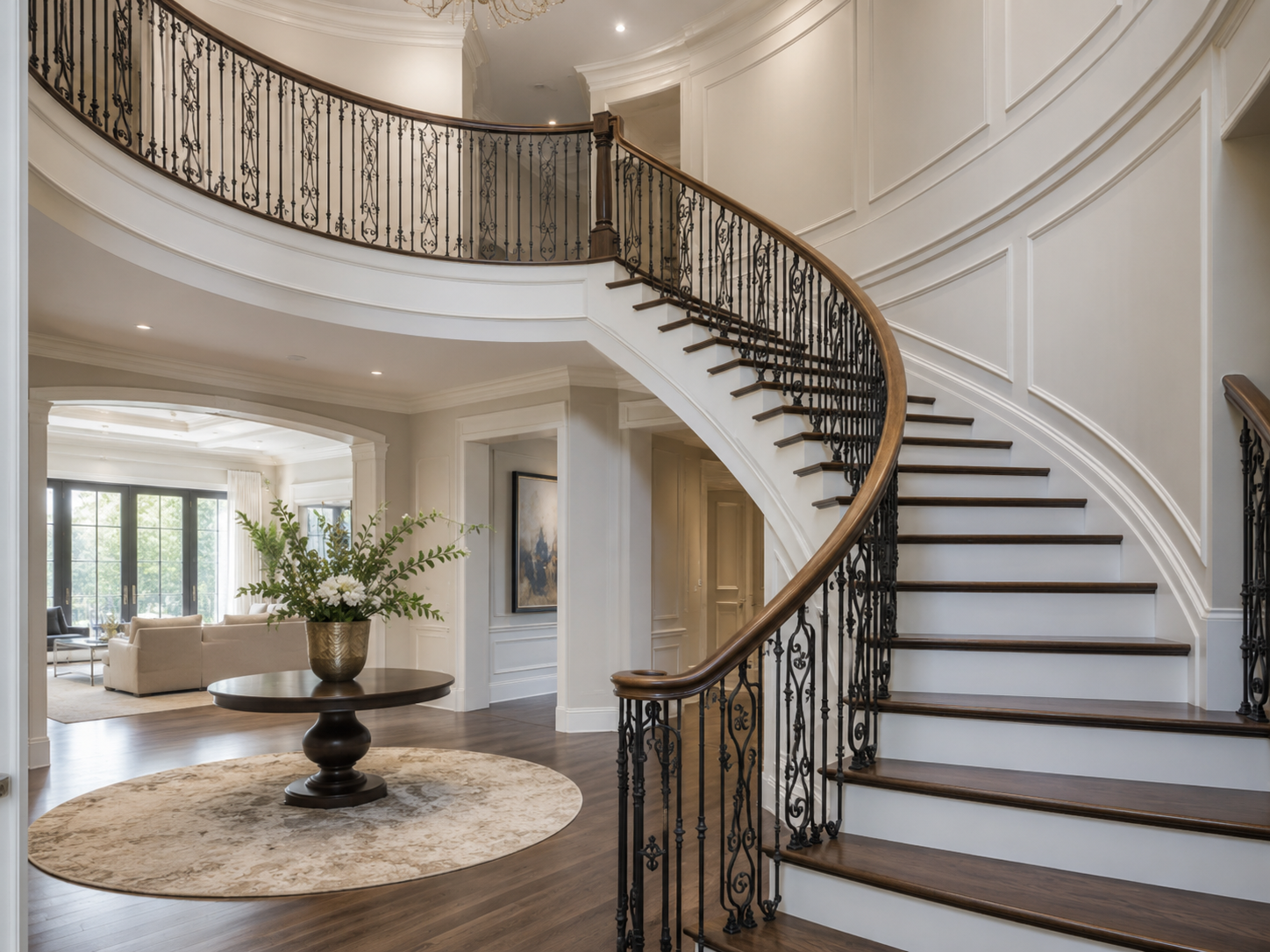 Grand curved iron staircase beneath a chandelier