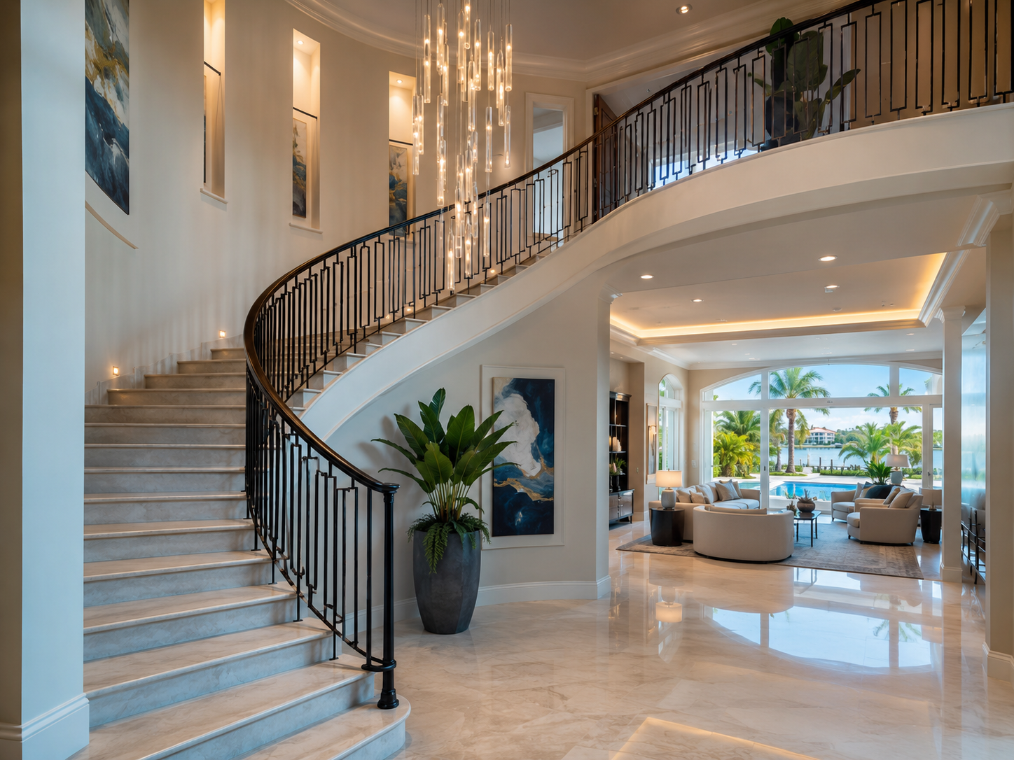 Curved staircase with iron railing in modern interior