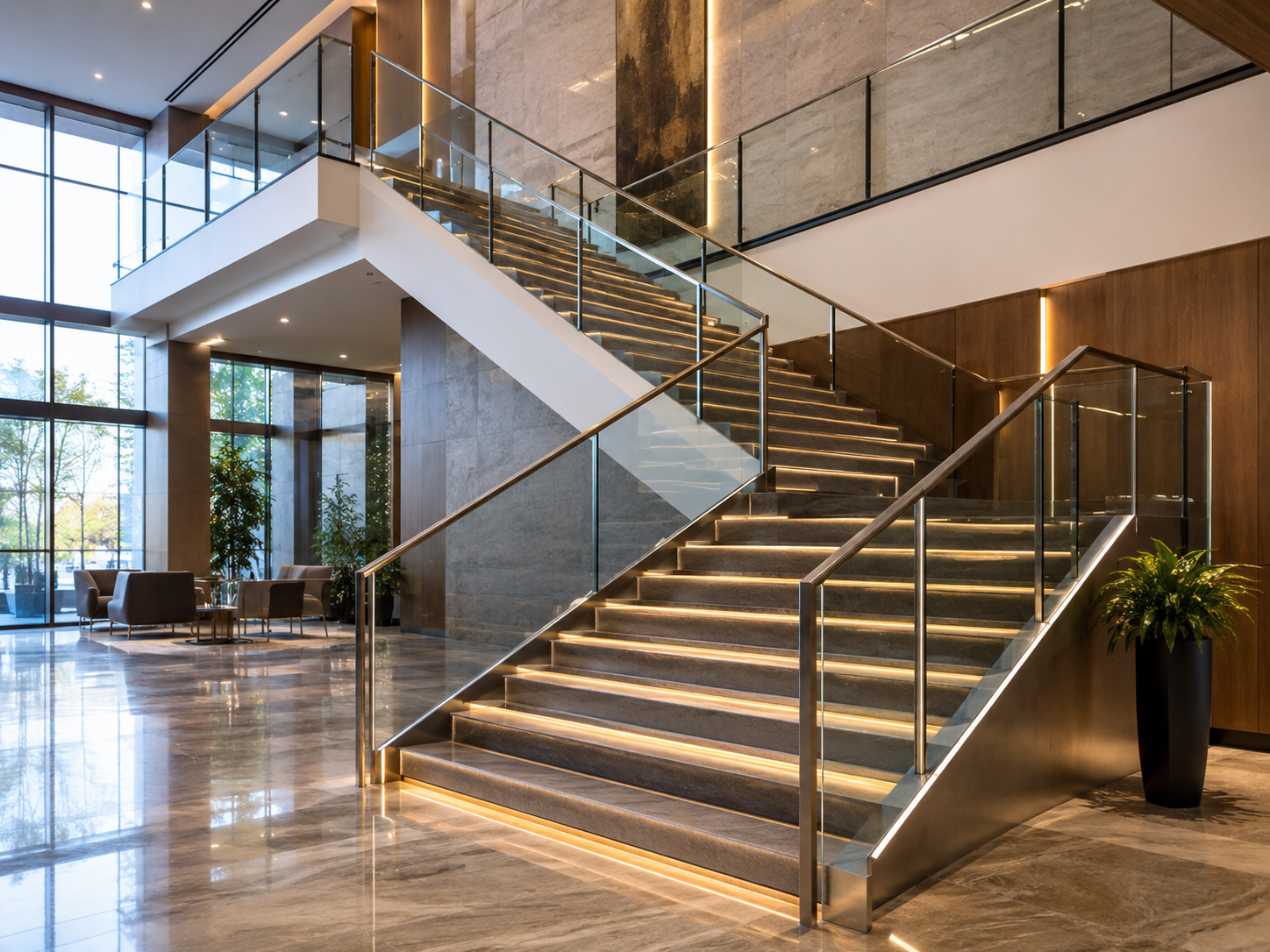 Industrial staircase with railing in commercial building