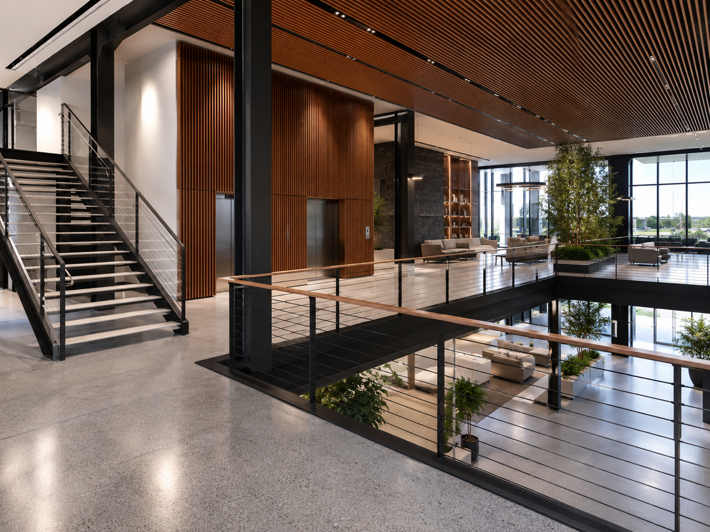 Glass staircase in a commercial building lobby